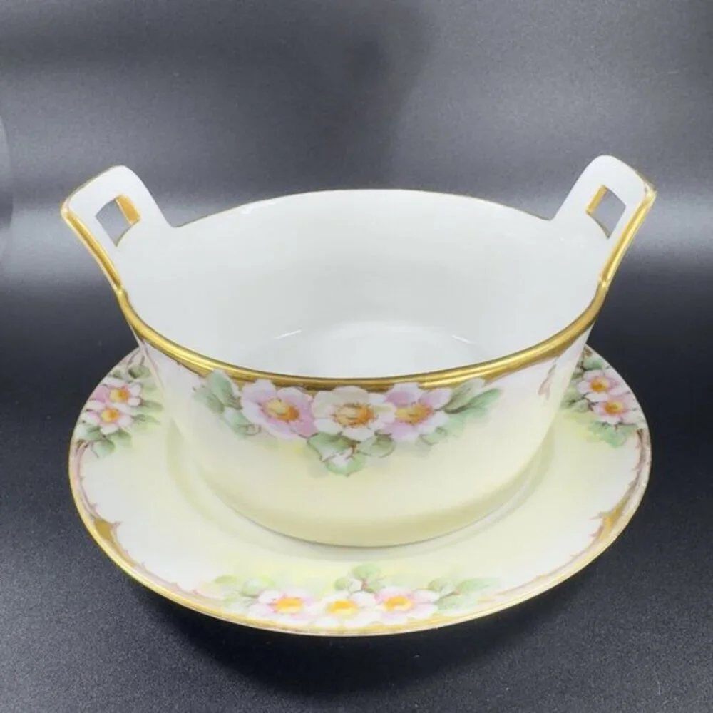 Antique T & V Limoges Butter Tub Hand Painted Porcelain‎ Dish With Under Plate